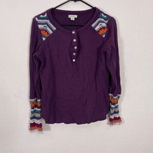 Sundance Purple Henley with Blue, Orange, & White Crochet Detail